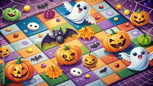 Colorful illustration of spooky yet friendly Halloween characters, including bats, ghosts, and jack-o'-lanterns, arranged around a playful game board with category tiles. photo