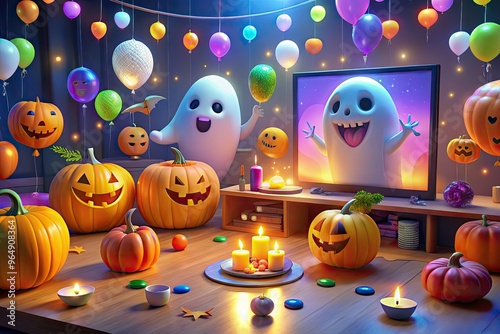 Colorful virtual Halloween party scene for kids featuring spooky decorations, animated ghosts, and smiley jack-o-lanterns on digital screens amidst balloons and candy surrounds. photo