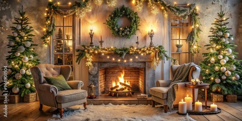 Cozy rustic living room with crackling fireplace, garland-adorned mantel, and vintage ornaments surrounded by snowflakes and twinkling fairy lights on a winter evening.