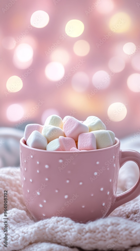 Cup of marshmallows with bokeh lights