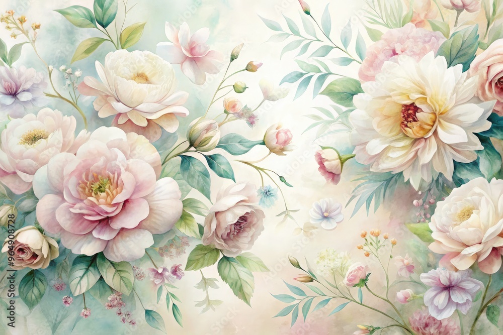 Delicate, dreamy watercolor blooms in soft pastel hues cascade across a creamy white background, evoking a sense of ethereal elegance and whimsical sophistication. Delicate, dreamy watercolor blooms in soft pastel hues cascade across a creamy white background, evoking a sense of ethereal elegance and whimsical sophistication.