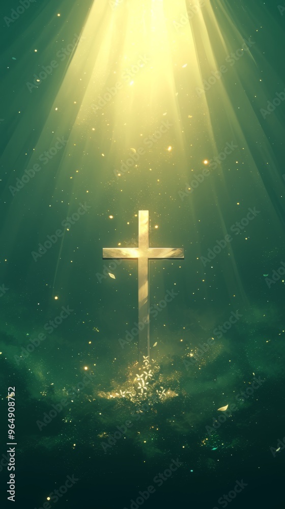 Elegant Cross on Green Background with Golden Glow, Ideal for Church Information Card Elegant Cross on Green Background with Golden Glow, Ideal for Church Information Card