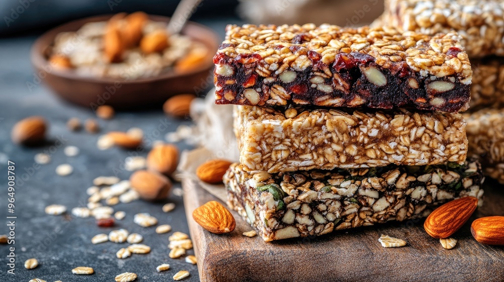A variety of oat-based granola bars stacked on a cutting board, with a backdrop of nuts and seeds. A variety of oat-based granola bars stacked on a cutting board, with a backdrop of nuts and seeds.