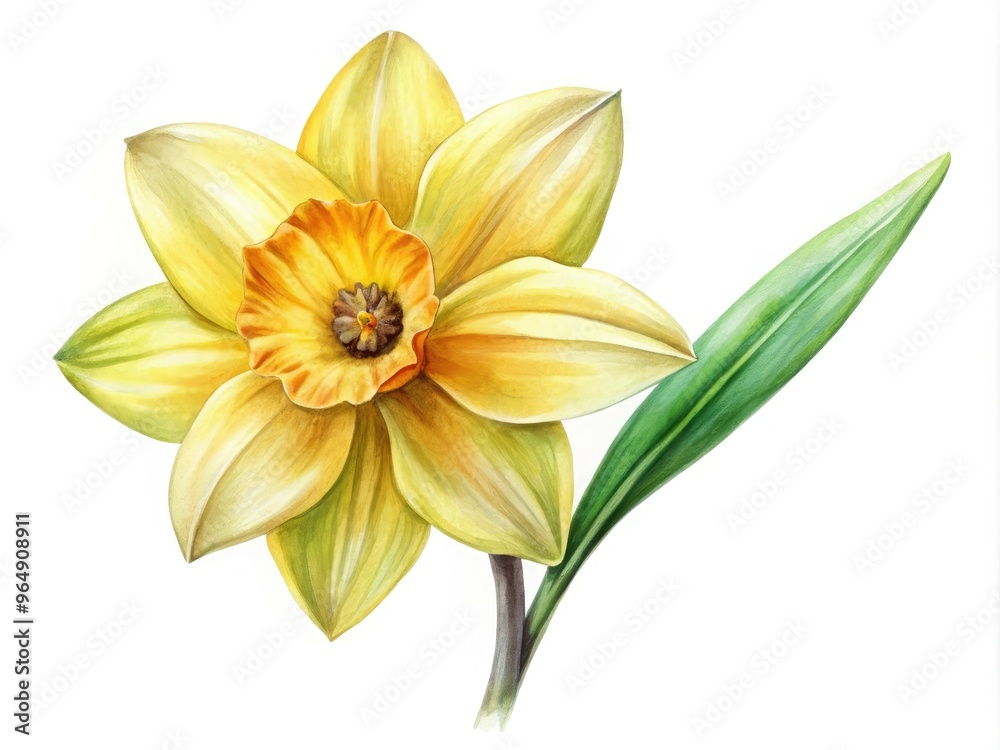 Obraz premium Delicate, dreamy watercolor illustration of a bright yellow daffodil with gentle, blended petals and a leafy green stem, perfect for springtime designs and projects.