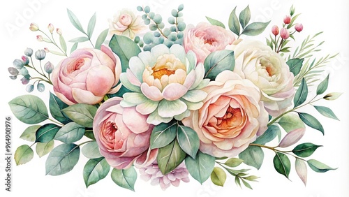 Delicate, dreamy watercolor illustration of a lush bouquet featuring pastel-hued peonies, roses, and eucalyptus, set against a soft, creamy white background.