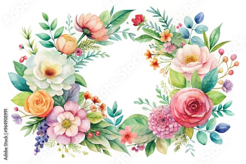 Delicate, dreamy watercolor illustration of a lush floral wreath bursting with colorful blooms, foliage, and subtle textures, evoking a sense of whimsical, ethereal charm.