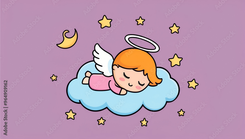 Little cartoon angel sleeping on a cloud, flat design illustration Little cartoon angel sleeping on a cloud, flat design illustration