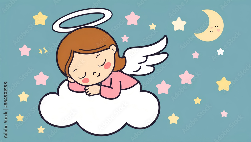 Little cartoon angel sleeping on a cloud, flat design illustration Little cartoon angel sleeping on a cloud, flat design illustration