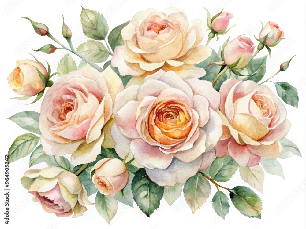 Delicate, hand-painted watercolor illustrations of soft pink and peach roses with loose, expressive brushstrokes and gentle, dreamy textures on a creamy white background. Delicate, hand-painted watercolor illustrations of soft pink and peach roses with loose, expressive brushstrokes and gentle, dreamy textures on a creamy white background.