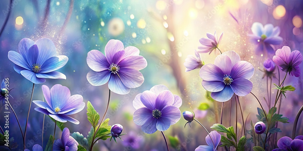 Delicate violet blooms unfold in soft, whimsical hues, surrounded by leafy greens and subtle textures, in a dreamy, ethereal watercolor rendering of nature's beauty.