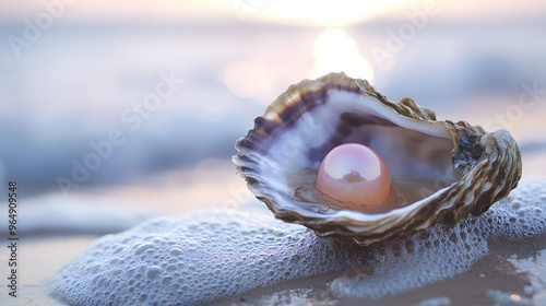 oyster with a pearl on the beach photo