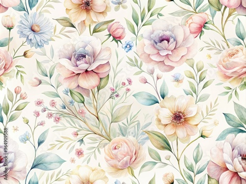 Delicate watercolor flowers in soft pastel hues bloom against a creamy white background, creating a serene and elegant wallpaper design for a calming atmosphere.
