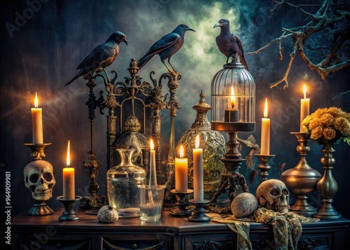Elegant candlelit Halloween vignette features ornate skeletons, ravens, and vintage apothecary jars amidst rich velvets, lace, and mysterious candlelit ambiance.