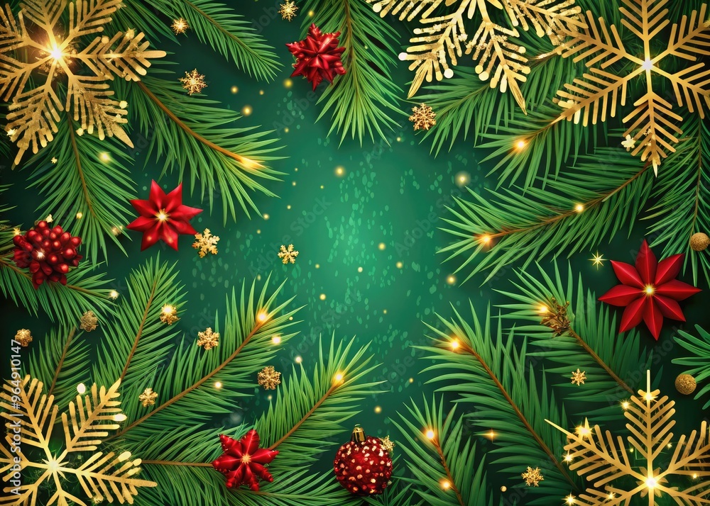 Festive holiday background featuring snowflakes, evergreen branches, and ribbons in shades of green, red, and gold, perfect for Christmas party invitations and seasonal designs. Festive holiday background featuring snowflakes, evergreen branches, and ribbons in shades of green, red, and gold, perfect for Christmas party invitations and seasonal designs.
