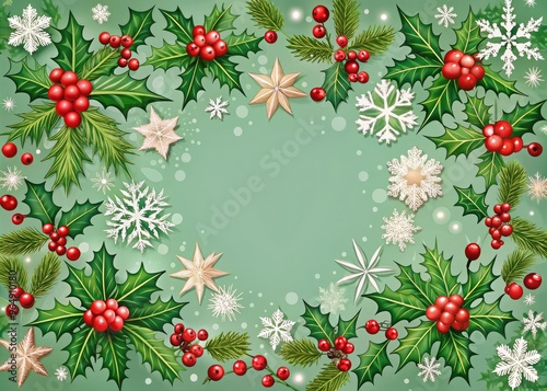 Festive holiday frame with holly leaves, berries, and snowflakes, decorative winter elements, and intricate patterns, ideal for Christmas cards, invitations, and digital designs. photo