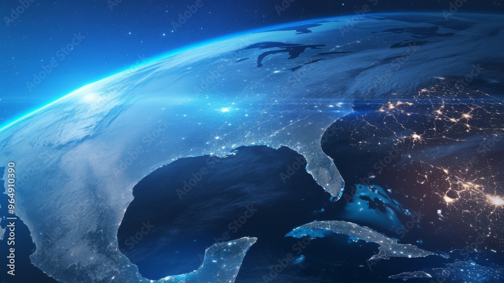 atellite View of Earth at Night Highlighting City Lights in North America, Featuring the United States and Canada, Minimalist Design with Copy Space for Text atellite View of Earth at Night Highlighting City Lights in North America, Featuring the United States and Canada, Minimalist Design with Copy Space for Text