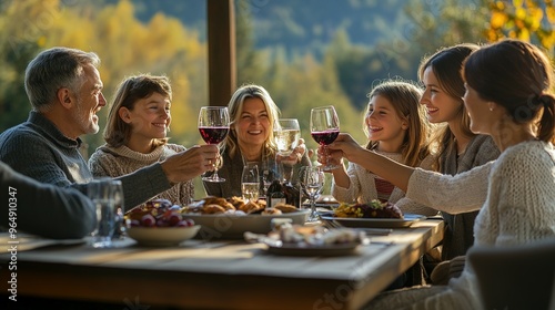 Family Toasting with Wine and Drinks at a Table Outdoors