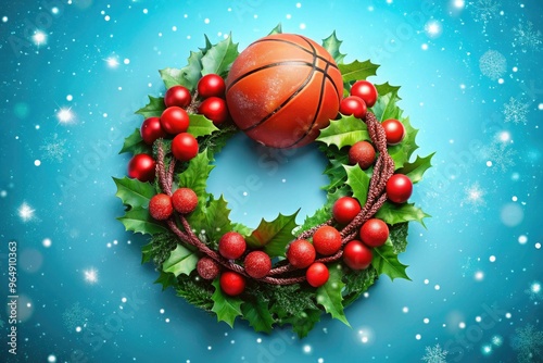 Festive red and green wreath-adorned basketball surrounded by holly, mistletoe, and snowflakes, set against a bright blue background with a subtle gradient effect. photo