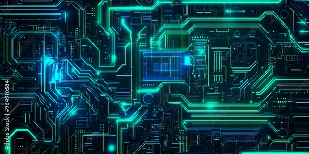 Abstract digital background with glowing neon green lines and blue circuit board texture. Abstract digital background with glowing neon green lines and blue circuit board texture.