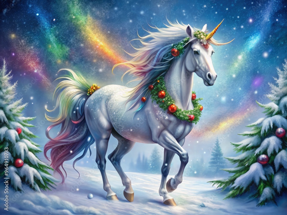 Majestic mythical horse with shimmering silver coat, sparkling rainbow mane, and glowing horn, surrounded by festive holly, ornaments, and falling snowflakes on a winter wonderland background. Majestic mythical horse with shimmering silver coat, sparkling rainbow mane, and glowing horn, surrounded by festive holly, ornaments, and falling snowflakes on a winter wonderland background.