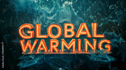 Sign saying 'Global Warming' lit up with orange letters on a dark blue background with rain and water splashes photo