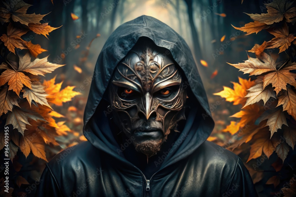 Ominous mask worn by a shadowy figure lurking in darkness, surrounded by eerie autumnal atmosphere, evoking a sense of foreboding and sinister intent. Ominous mask worn by a shadowy figure lurking in darkness, surrounded by eerie autumnal atmosphere, evoking a sense of foreboding and sinister intent.