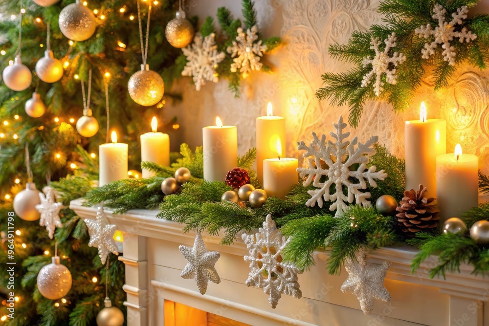 Snowflakes fall gently on a festively decorated mantel, adorned with candles, evergreen branches, and ornaments, casting a warm and inviting holiday atmosphere.