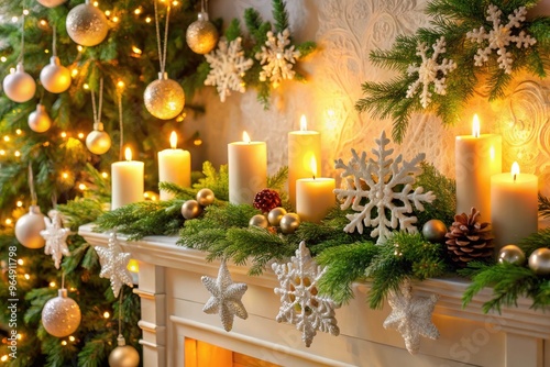 Snowflakes fall gently on a festively decorated mantel, adorned with candles, evergreen branches, and ornaments, casting a warm and inviting holiday atmosphere.