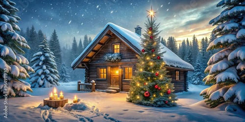 Snowflakes gently fall on a rural winter wonderland scene featuring a rustic wooden cabin adorned with festive holly, candles, and a majestic Christmas tree.