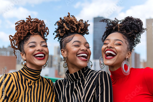 happy African American women with different natural hairstyles - twist-out, wash-and-go, and bantu knots  photo