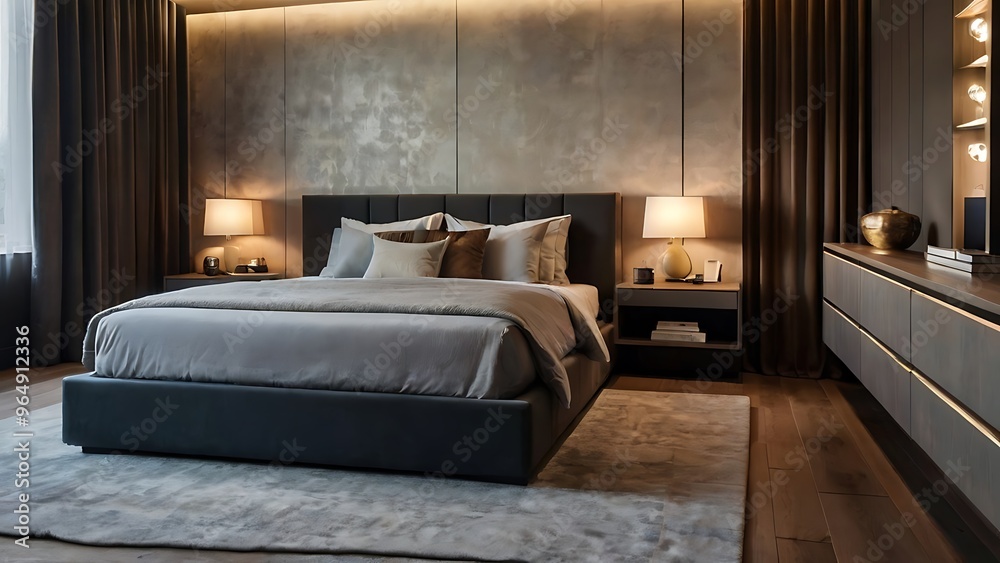 Classic peaceful bedroom design with panoramic windows, a large bed and modern furniture Classic peaceful bedroom design with panoramic windows, a large bed and modern furniture