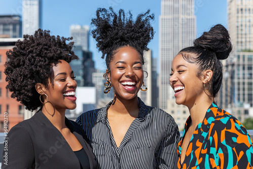 happy African American women with different natural hairstyles - twist-out, wash-and-go, and bantu knots  photo