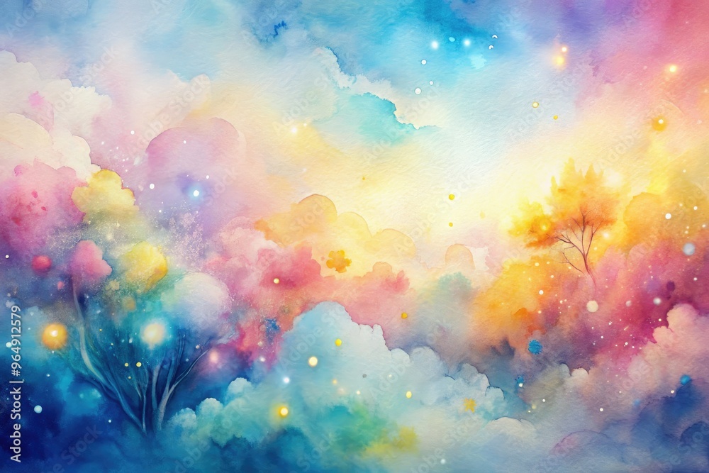 Softly blended hues of pink, blue, and yellow dance across the canvas, evoking a sense of whimsy and dreaminess in this ethereal watercolor abstract. Softly blended hues of pink, blue, and yellow dance across the canvas, evoking a sense of whimsy and dreaminess in this ethereal watercolor abstract.