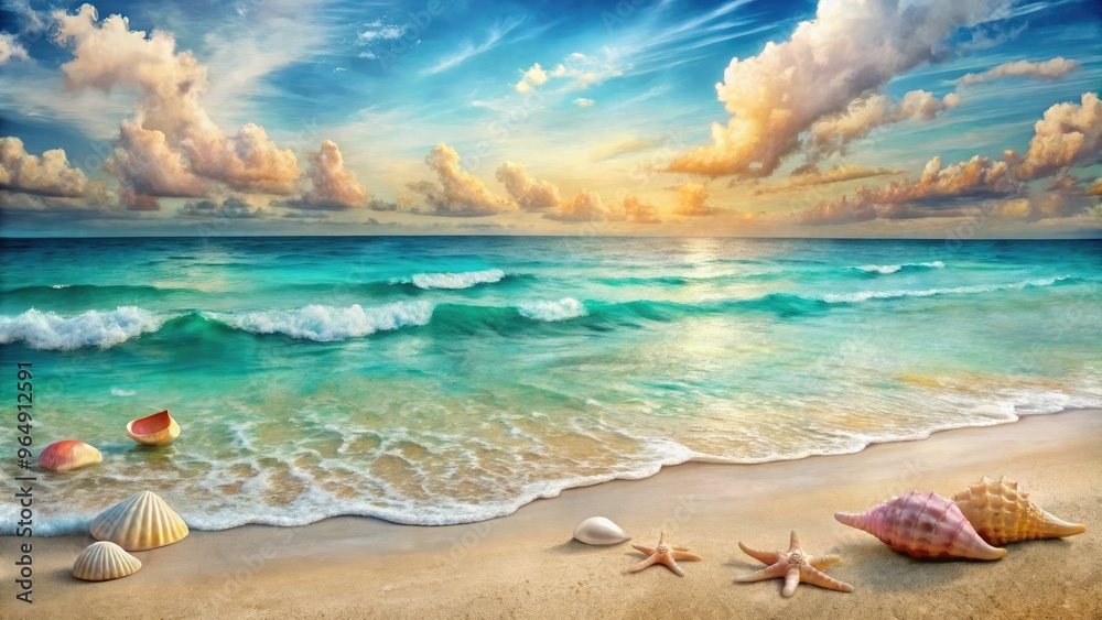 Softly blended hues of turquoise and coral evoke a serene seaside atmosphere in a whimsical watercolor depiction of a tranquil beach with gentle waves and seashells. Softly blended hues of turquoise and coral evoke a serene seaside atmosphere in a whimsical watercolor depiction of a tranquil beach with gentle waves and seashells.