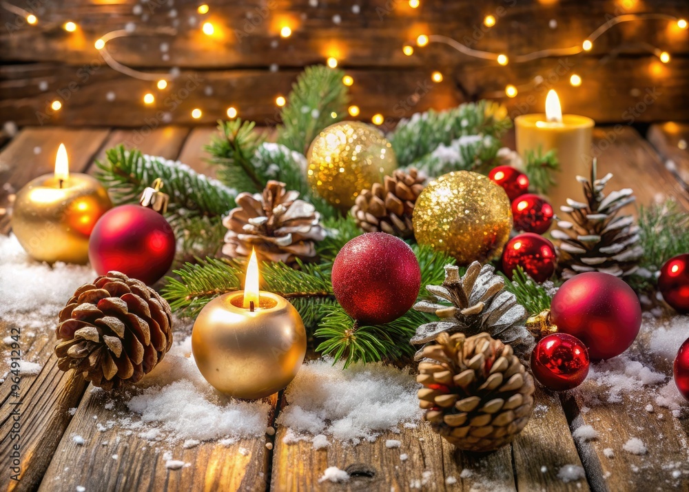 Sparkling gold and red ornaments adorn a snowy pinecone-covered wooden table, surrounded by candles, evergreen branches, and festive holiday decorations, evoking winter wonderland magic. Sparkling gold and red ornaments adorn a snowy pinecone-covered wooden table, surrounded by candles, evergreen branches, and festive holiday decorations, evoking winter wonderland magic.