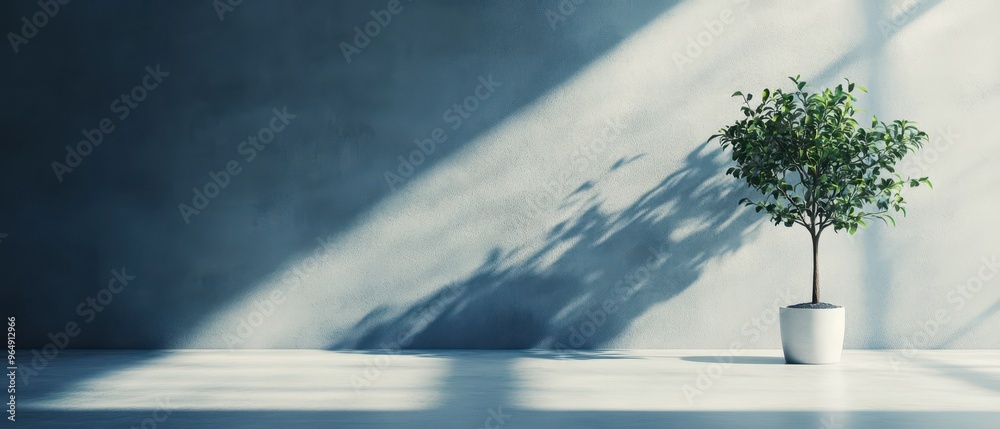 Small indoor tree in a modern room with sunlight creating shadows Small indoor tree in a modern room with sunlight creating shadows