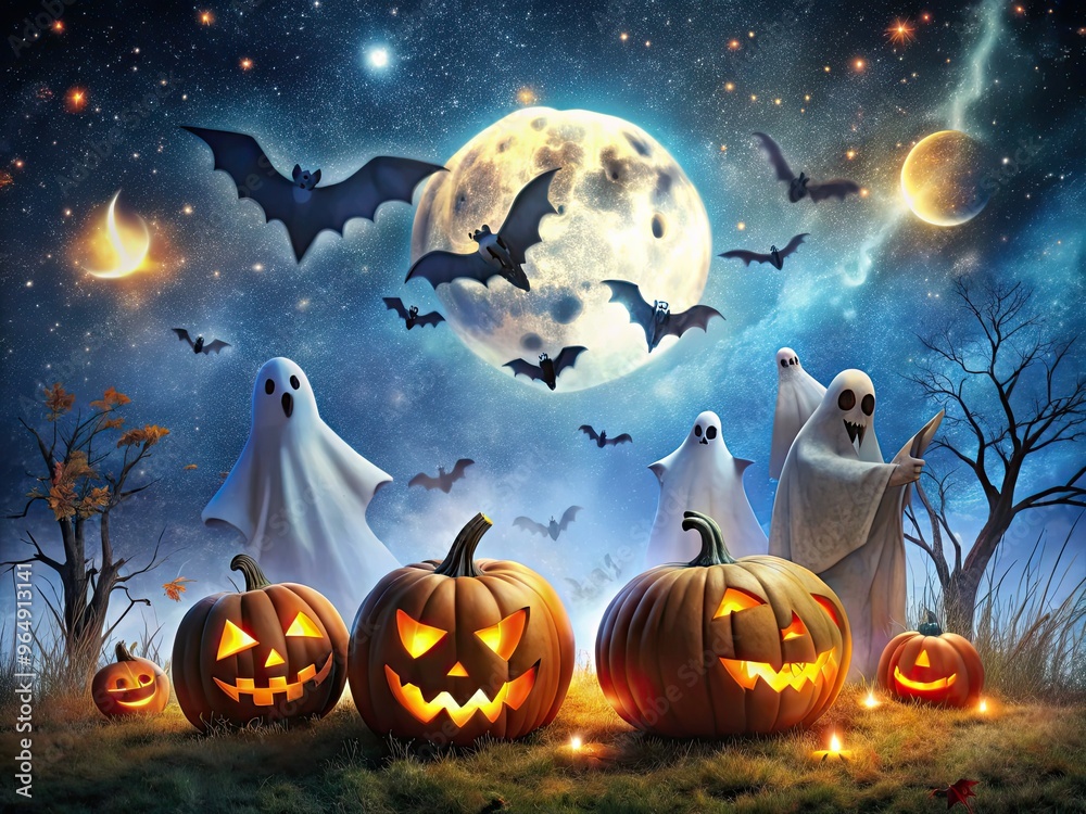 Spine-tingling Halloween night scene featuring eerie icons of ghosts, bats, spiders, and jack-o'-lanterns set against a haunting dark blue and orange starry sky. Spine-tingling Halloween night scene featuring eerie icons of ghosts, bats, spiders, and jack-o'-lanterns set against a haunting dark blue and orange starry sky.