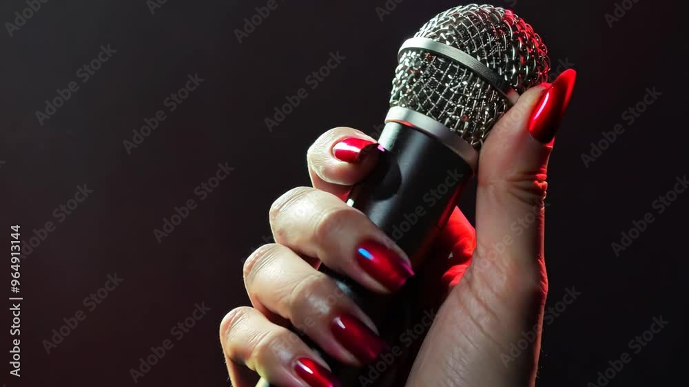 Close up hand female singer hand, woman singing into a microphone