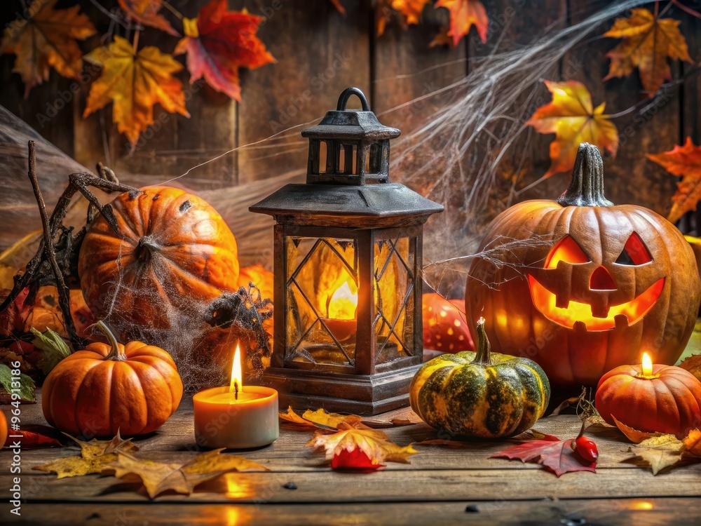 Obraz premium Spooky ambiance fills the room with cobweb-covered Pumpkins, lanterns, and eerie artifacts amidst autumn leaves, creating a hauntingly festive Halloween decoration setting.