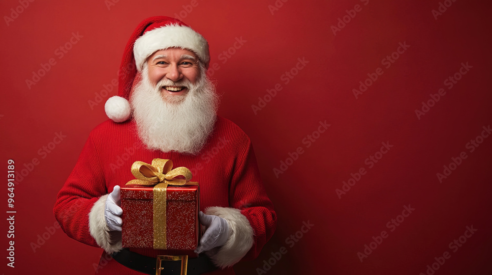 Smiling Santa Claus Holding Presents – Festive Christmas Scene on Red Background – Classic Holiday Character with Gifts – Merry Christmas Smiling Santa Claus Holding Presents – Festive Christmas Scene on Red Background – Classic Holiday Character with Gifts – Merry Christmas