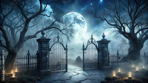 Spooky cemetery gates creepily lit by a full moon, surrounded by twisted trees and sinister fog, perfect for a haunting Halloween computer wallpaper. photo