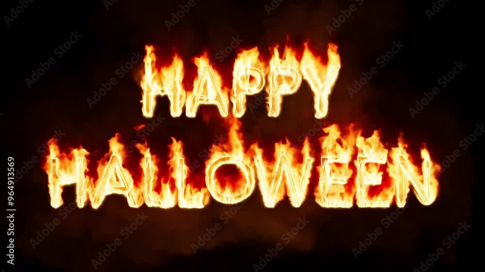 Happy Halloween text written in fiery letters, glowing with flames on a dark background. The burning letters create a spooky intense Halloween atmosphere Happy Halloween text written in fiery letters, glowing with flames on a dark background. The burning letters create a spooky intense Halloween atmosphere