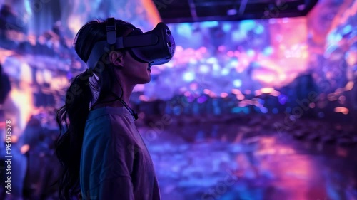 Girl in virtual or augmented reality glasses indoors with lilac and purple neon illumination, entertainment of the present and future.