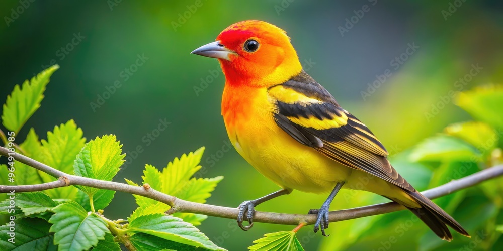 Vibrant western tanager perches on a branch amidst lush green foliage, showcasing its bright orange head, yellow body, and distinctive songbird features in warm natural light. Vibrant western tanager perches on a branch amidst lush green foliage, showcasing its bright orange head, yellow body, and distinctive songbird features in warm natural light.