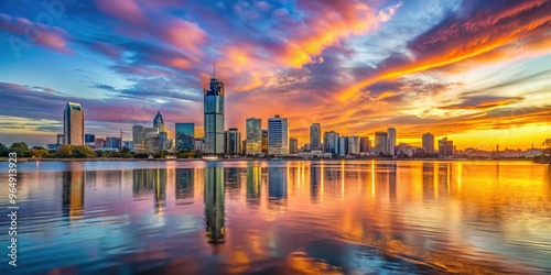 Vibrant sunset over the Swan River, with the Perth city skyline and iconic Bell Tower reflecting off the calm waters in Western Australia.