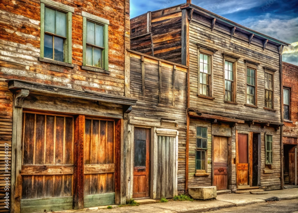 Weathered wooden facades with faded signage, rusty hinges, and worn brick sidewalks evoke a sense of nostalgic decay in a bygone American frontier town. Weathered wooden facades with faded signage, rusty hinges, and worn brick sidewalks evoke a sense of nostalgic decay in a bygone American frontier town.