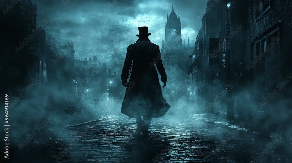 Mysterious Man in Top Hat Walking Down Foggy Street Mysterious Man in Top Hat Walking Down Foggy Street
