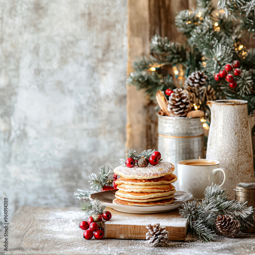 A stack of pancakes with berries on top and a mug of coffee next to it photo