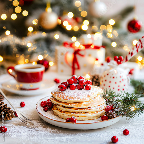 A plate of pancakes with berries and powdered sugar on top