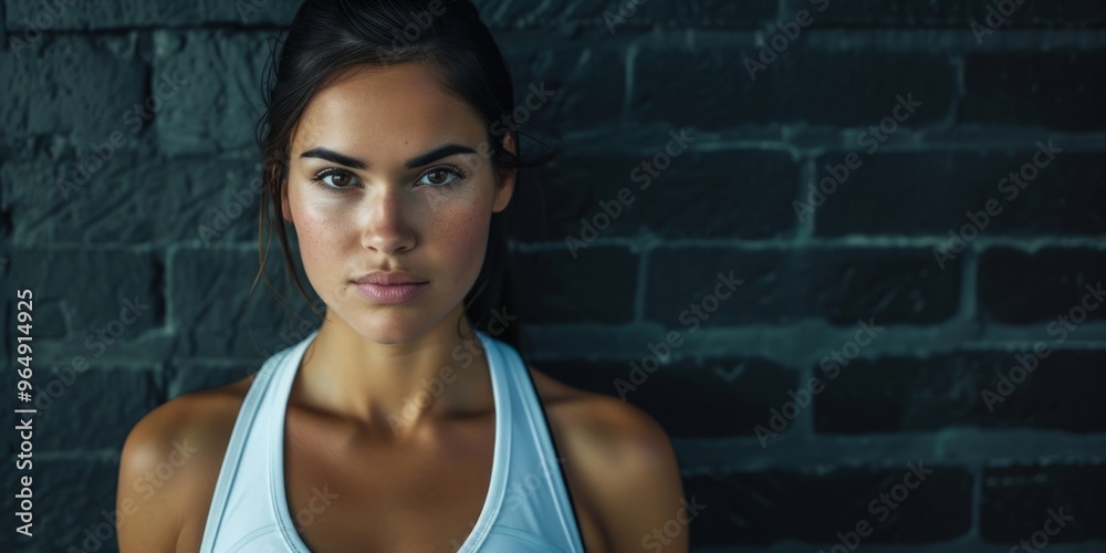 Athletic sporty healthy girl smiles, stands against the wall. Generative AI. Athletic sporty healthy girl smiles, stands against the wall. Generative AI.